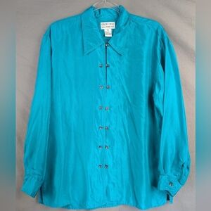 Color Cues 100% Silk Medium Button Down Shirt In Turquoise/Teal